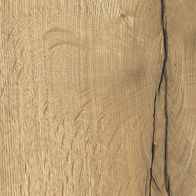 May include: Close-up of a light brown wood grain surface with a dark brown crack running vertically down the center.