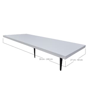 May include: White floating shelf with black metal legs. The shelf is 27 to 40 cm wide and 30 to 240 cm long.