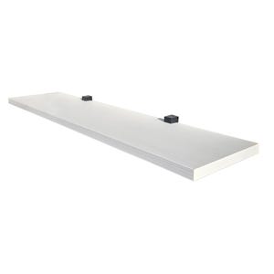 May include: A white rectangular floating shelf with two black mounting brackets. The shelf is made of wood and has a clean, modern design. The shelf is approximately 91 cm long.