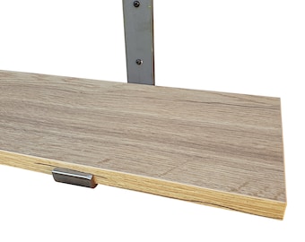 Wall shelves with industrial style brackets. Elegant looking 18mm thick shelf. Old oak colour with deep grain texture. Various lengths.
