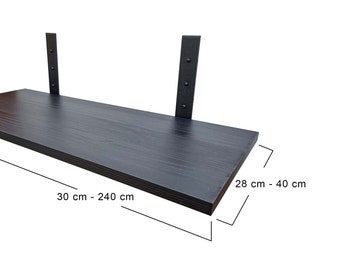 28cm ,30cm ,33cm, 35cm, 37cm,40cm  Black Wood grain Wall Shelf With 6mm Steel Industrial Style Black Textured Brackets. ANY CUSTOM SIZE.