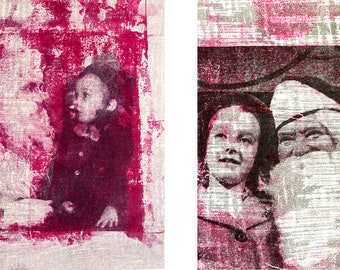 Pair Signed Monotype Image Transfers on Paper, "SaNTA's FUN", 1/1, Monotype Printmaking