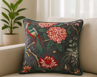 Exotic Paradise Bird Embroidered Velvet Cushion Cover | Floral Pillow