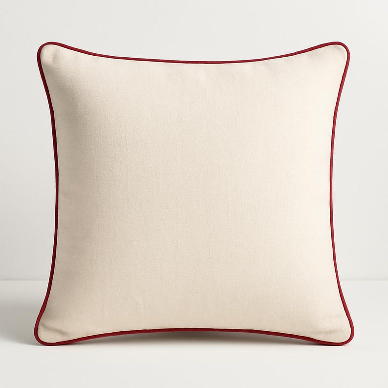 May include: Square cream cushion with a dark red trim. The cushion has a plain cream-coloured centre and a thin, dark red border around the edges. This cushion is likely for home decor and measures approximately 40cm x 40cm.