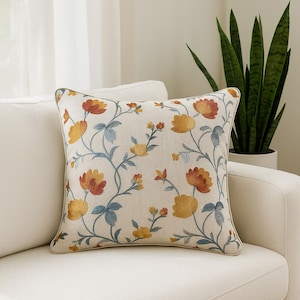 Floral Embroidered Pillow Cover: Boho Cotton-Blend Cushion, 16&quot; x 16&quot;