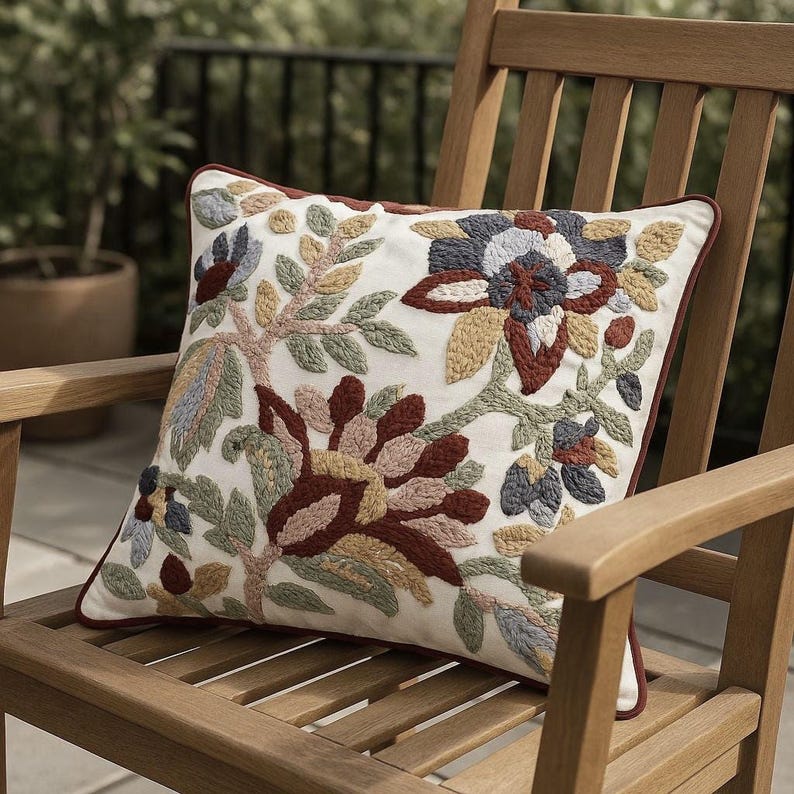 May include: Square cushion with an embroidered floral design in cream. The cushion features a detailed pattern of flowers and leaves in shades of red, blue, yellow, and green. It has a dark red border and is placed on a wooden chair.