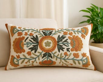 Boho Botanical Lumbar Pillow Cover: Embroidered Floral Cotton Accent