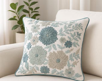 16"x16" Aqua Floral Embroidered Pillow Cover: Handmade Cotton Boho Decor
