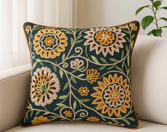 Embroidered Floral Cotton Pillow Cover - Teal Green Mandala, 16x16