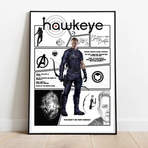 Op de afbeelding: Een zwart-witte poster in comic-stijl met Hawkeye, een superheld uit het Marvel Cinematic Universe. De poster bevat een portret van Hawkeye, een doelwit met een bullseye en de tekst "Hawkeye" en "Clint Barton".