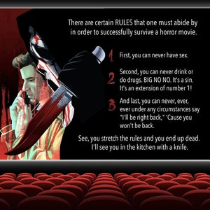 Op de afbeelding: Een afbeelding in de stijl van een horrorfilmposter. Het toont een persoon met een mes, bloed en tekst die luidt: "Er zijn bepaalde REGELS die men moet naleven om een horrorfilm succesvol te overleven."