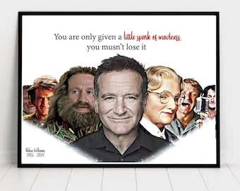 Op de afbeelding: Een zwart-wit portret van Robin Williams met een citaat van hem: "You are only given a little spark of madness. You mustn't lose it." De quote staat in rode tekst. Het portret is omringd door andere acteurs uit zijn films.