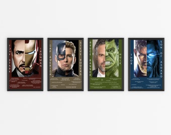 May include: Four black framed posters with images of Marvel superheroes. The posters feature Iron Man, Captain America, Hulk, and Thor. Each poster has the superhero's name and a quote from the character.