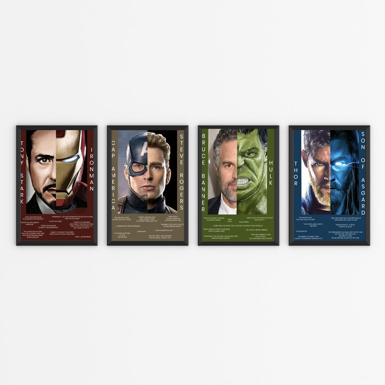 Op de afbeelding: Vier zwart ingelijste posters met afbeeldingen van Marvel-superhelden. De posters tonen Iron Man, Captain America, Hulk en Thor. Elke poster bevat de naam van de superheld en een citaat van het personage.