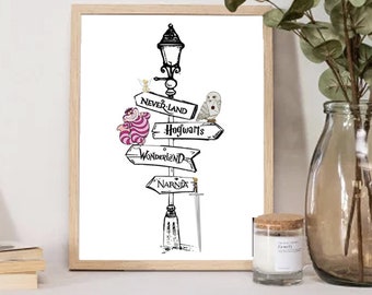 Op de afbeelding: Een zwart-witte illustratie van een lantaarnpaal met vier borden die in verschillende richtingen wijzen. De borden geven "Never-Land", "Hogwarts", "Wonderland" en "Narnia" aan.