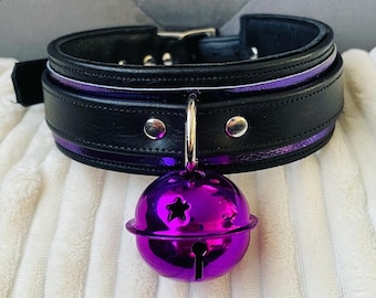 Mystical Kitty leather collar with purple bell by LoquaciousLeatherCo