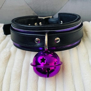 Mystical Kitty leather collar with purple bell by LoquaciousLeatherCo