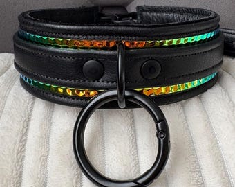 Dark Rainbow & Black leather handmade collar by LoquaciousLeatherCo