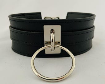 Luxury black leather bondage collar with o-ring choker by LoquaciousLeatherCo