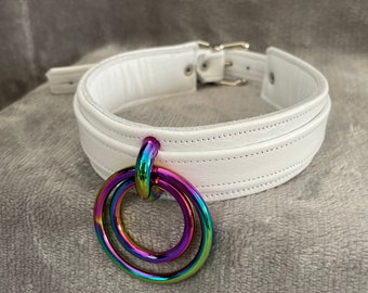 Slim white leather bondage collar with rainbow rings, double o-ring choker by LoquaciousLeatherCo