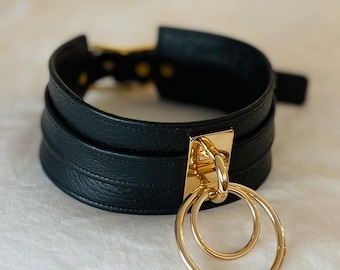 Luxury black leather bondage collar with double gold ring, leather o-ring choker by LoquaciousLeatherCo