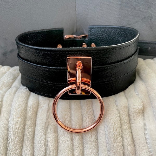 Luxury black leather bondage collar with rose gold ring, genuine leather, bdsm, leather o-ring choker by LoquaciousLeatherCo