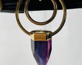 Gold bound fluorite crystal and black leather day collar by LoquaciousLeatherCo
