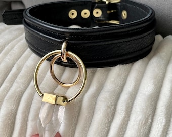 Avenging Angel gold-bound quartz day collar by LoquaciousLeatherCo