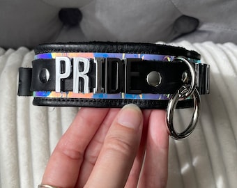 Iridescent & Black leather Pride Month letter choker by LoquaciousLeatherCo