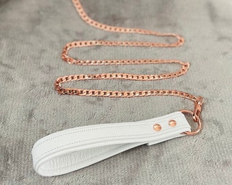 White and rose gold chain leash by LoquaciousLeatherCo