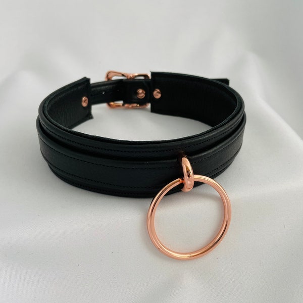 Slim black leather bondage collar with ring, real leather, bdsm, leather o-ring choker by LoquaciousLeatherCo