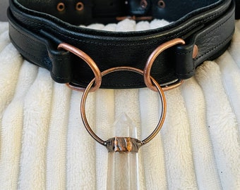 Copper bound quartz crystal and black leather day collar by LoquaciousLeatherCo