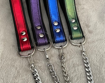 Black chain leash with color accent leather by LoquaciousLeatherCo