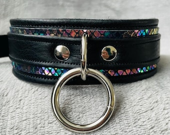 Stained Glass and Black leather o-ring collar by LoquaciousLeatherCo