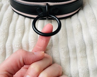 Barest blush pink and black leather o-ring collar by LoquaciousLeatherCo