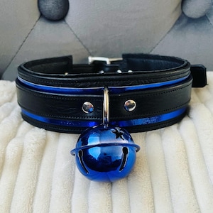 Cobalt Kitty leather collar with blue bell by LoquaciousLeatherCo