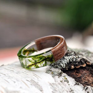 REAL NATURAL PLANT Rustic Ring Resin Ring Wood Resin Ring Nature Resin Ring Dainty Ring Eco Friendly Ring Green Ring Gift for Her R196
