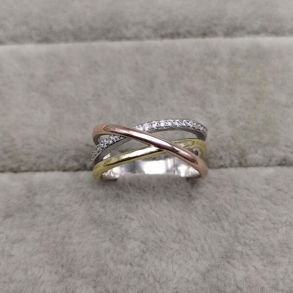 Dreifarbiger Ring 925 Sterling Silber Ineinander verschlungener Ring Dreifarbiger Ring Roségold Ring CZ Stapelbarer Ring Geschenk für Sie R111