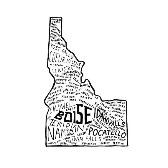 Idaho State Art Map Drawing Boise Meridian Nampa Idaho Etsy