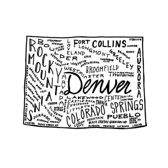 Colorado State Art Map Drawing Denver Colorado Springs Etsy