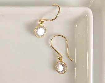 crystal drop earring, solid 14kt gold, cz solitaire