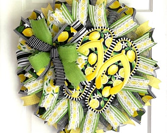 Summer lemon wreath low profile wreath, deco mesh ribbon wreath for the front door