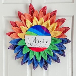 Pride flower wreath, rainbow welcome wreath for front door, pride door decor, pride wreath, rainbow wreath, pride gift