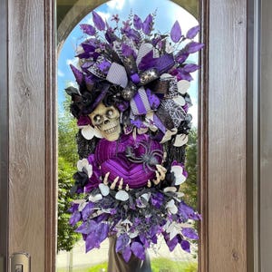 Gothic Halloween black grapevine wreath, large Halloween skeleton wreath, one of a kind Halloween swag, black and purple Halloween decor