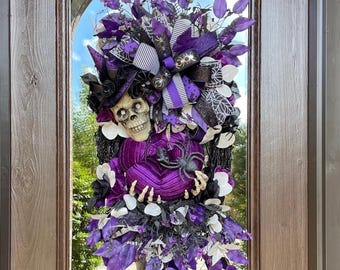 Gothic Halloween black grapevine wreath, large Halloween skeleton wreath, one of a kind Halloween swag, black and purple Halloween decor