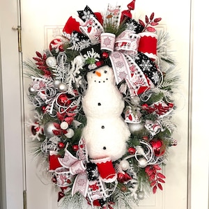 Extra large snowman winter wreath with red and black buffalo check,red,white and silver ornaments,snowflakes and evergreen for snowman lover