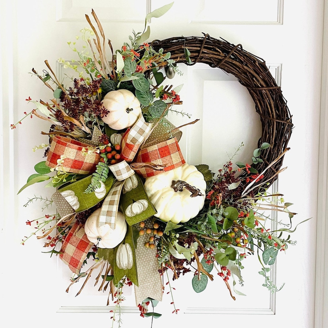 This Large Stunning Grapevine Wreath With White Pumpkins and Beautiful ...