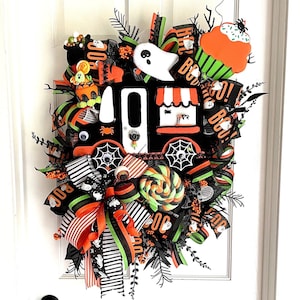 Halloween ghost wreath for front door, Halloween candy wreath, Halloween party decor, whimsical Halloween porch decor