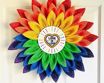 Rainbow pride flower wreath, rainbow love is love wreath for front door, wall, or porch decor