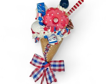 Fake ice cream cone, Fourth of July wreath pick, tiered tray decor, fake bake for summer decorations